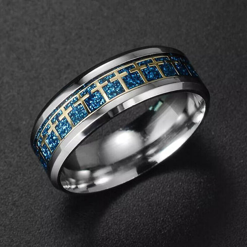 Men 8mm Titanium Steel Beveled Edges Blue Cross Pattern Comfort-Fit Wedding Band